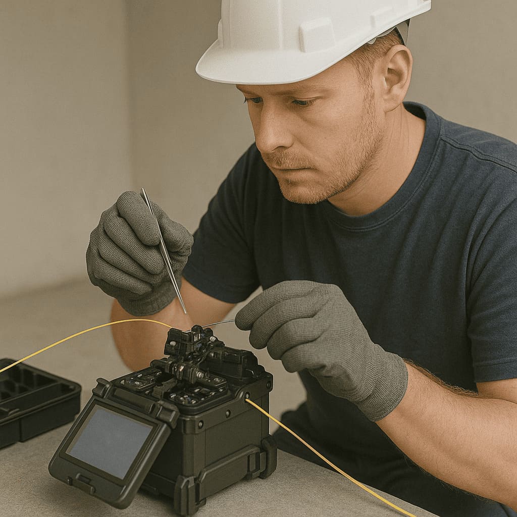 Techniker führt präzise Glasfaser-Spleißarbeiten an einem Spleißgerät durch